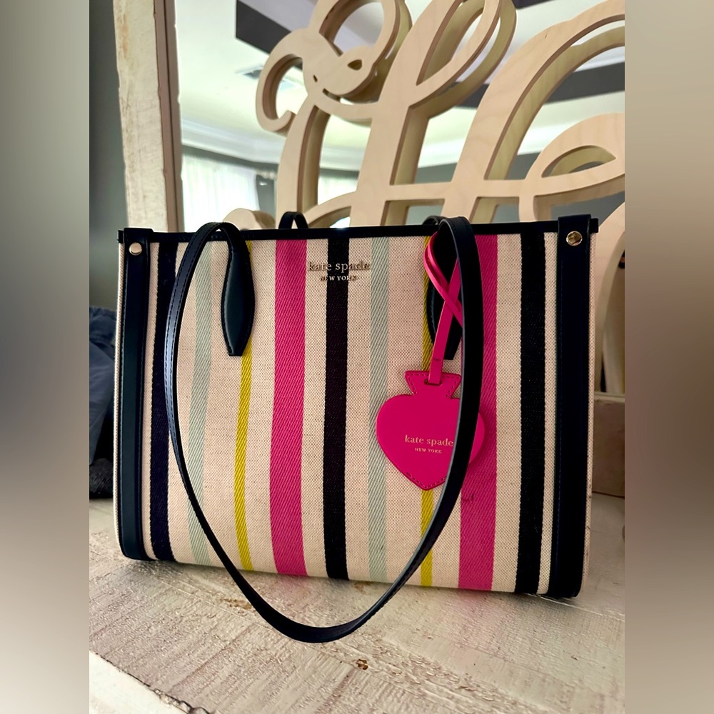 KATE SPADE Bright stripes in Navy, Pink, Aqua. COULD HOLD A TABLET, 14”x11”x6”